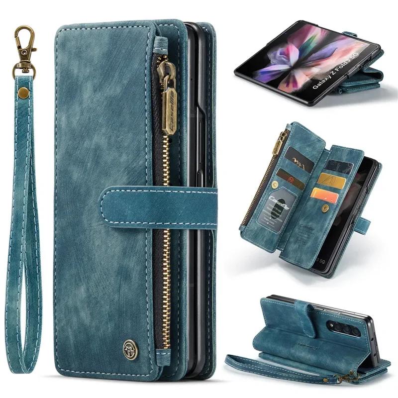 Business Flip Leather Phone Case For Samsung Galaxy Z Fold 7 6 5 4 S25Ultra S24 FE S23 S22 S21 S20 Plus Zipper Wallet Card Cover