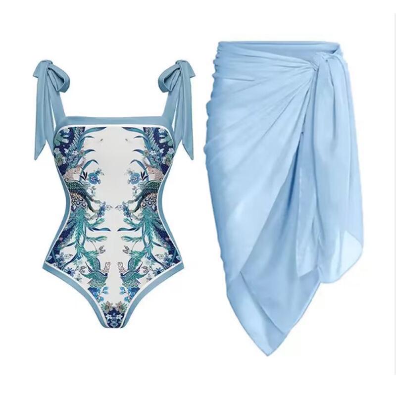 New Double-Sided European & American Chiffon Print Swimsuit Set: Women's One-Piece with Conservative Wrap Skirt