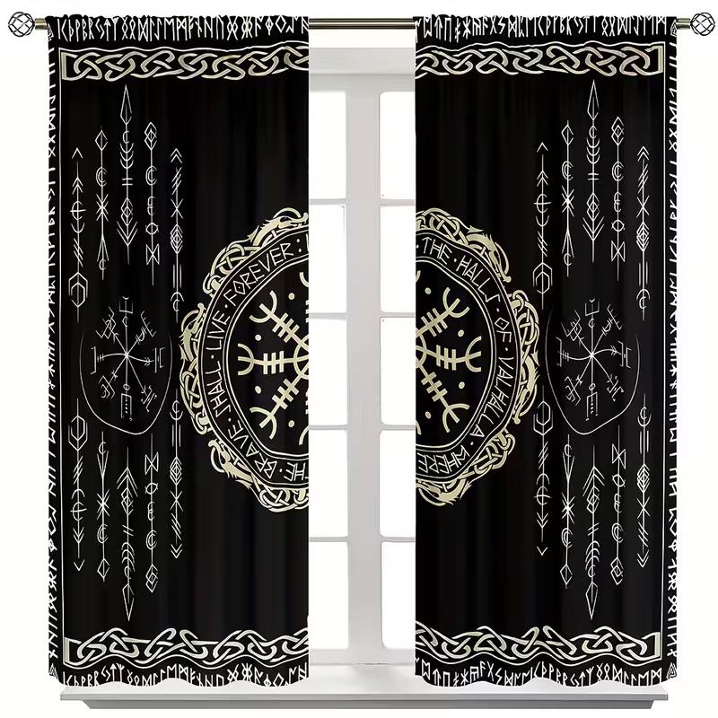 Vikama Norse Rune Viking Symbol Curtain Black Gold Celtic Knot Pattern Window Decor Panels Light Blocking Made Of Polyester