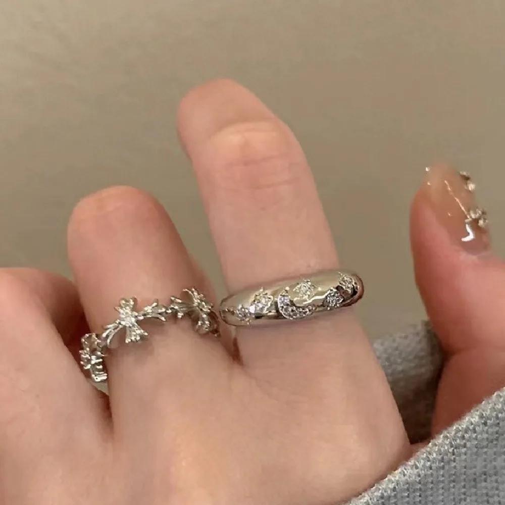 3pc Korea Fashion Mixed Minimalist Ring Set Geometric Round Metal  Open Rings Zircon For Women