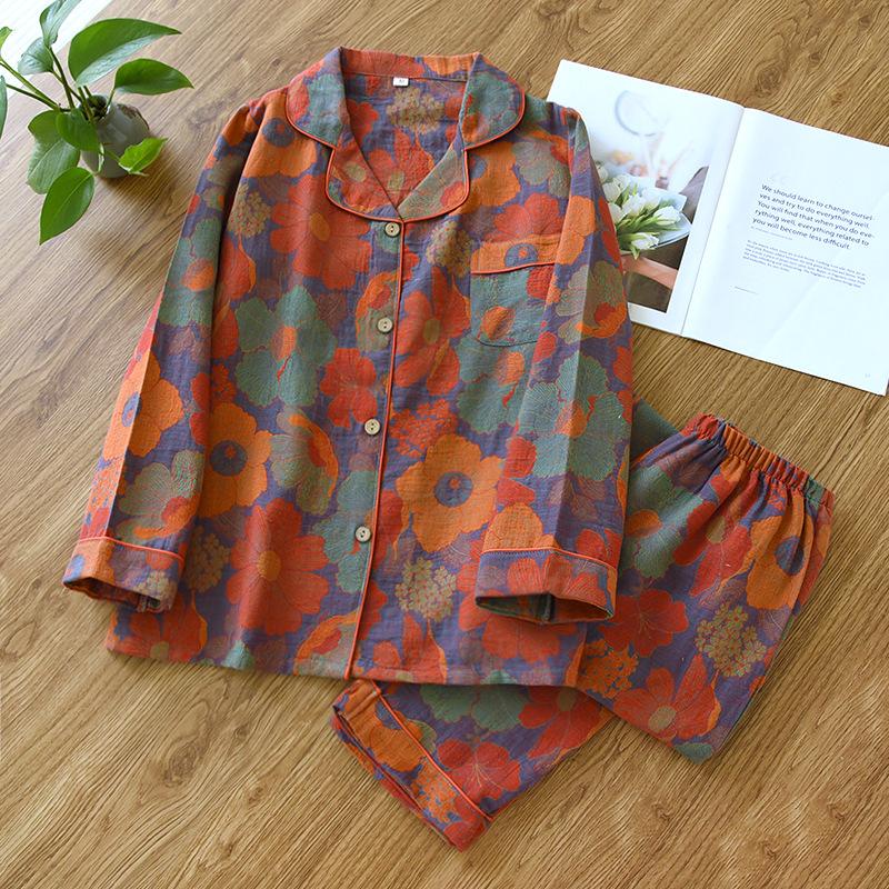 Women's Yarn-Dyed Jacquard Pajama Set: Pure Cotton Gauze, Long-Sleeved Cardigan for Spring, Summer, Autumn.