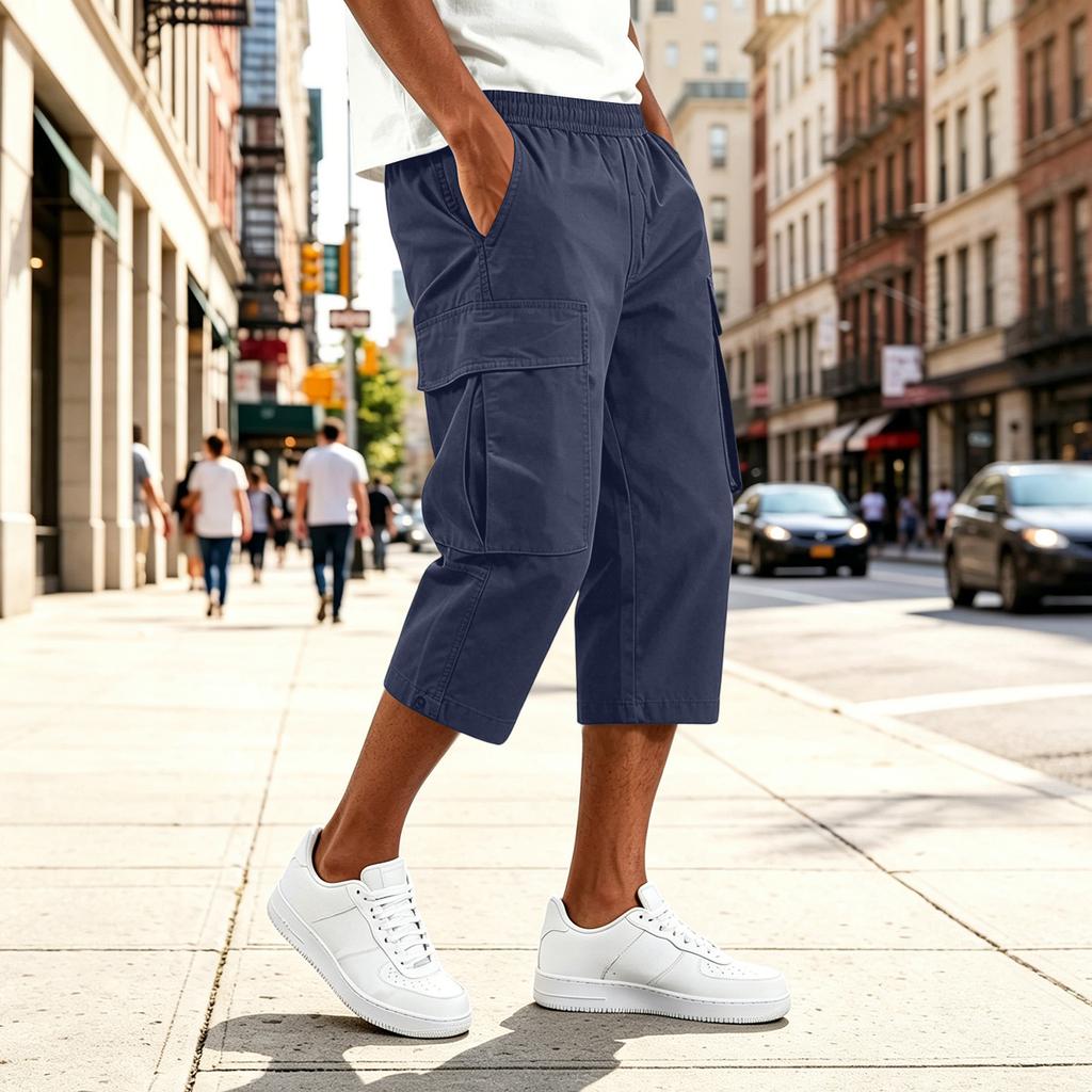 Men Drawstring Waist Multi Pocket Casual Capri Pants Loose Fit Knee Length Cargo Trousers for Outdoor Daily Wear