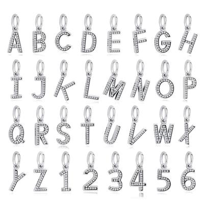 Original 925 Sterling Copper Charms A-Z Letters Alphabet Numbers Pendant Beads Fit Brand Bracelets Necklaces Women DIY Zircon