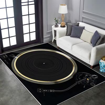 Retro Vinyl Record Living Room Large Carpet Realistic Design with Black Base and Gold Patterns Anti-slip Rug for Home Decor