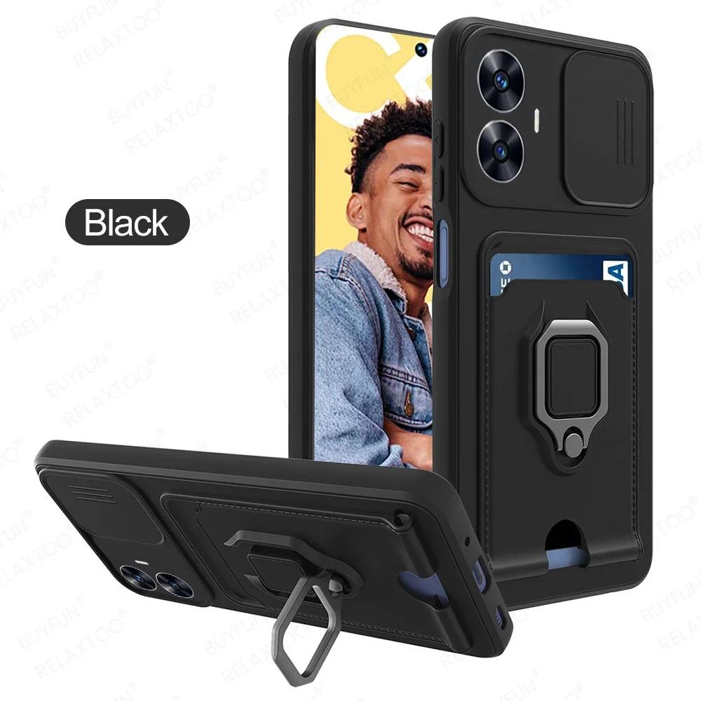 

Sliding Camera Protection Case for Realme C67 C55 C20 C21 C11 4G Reno 5 Lite 5f 5z Vehicle Magnetic Bracket Card Wallet Shell For Realme C67 4G
