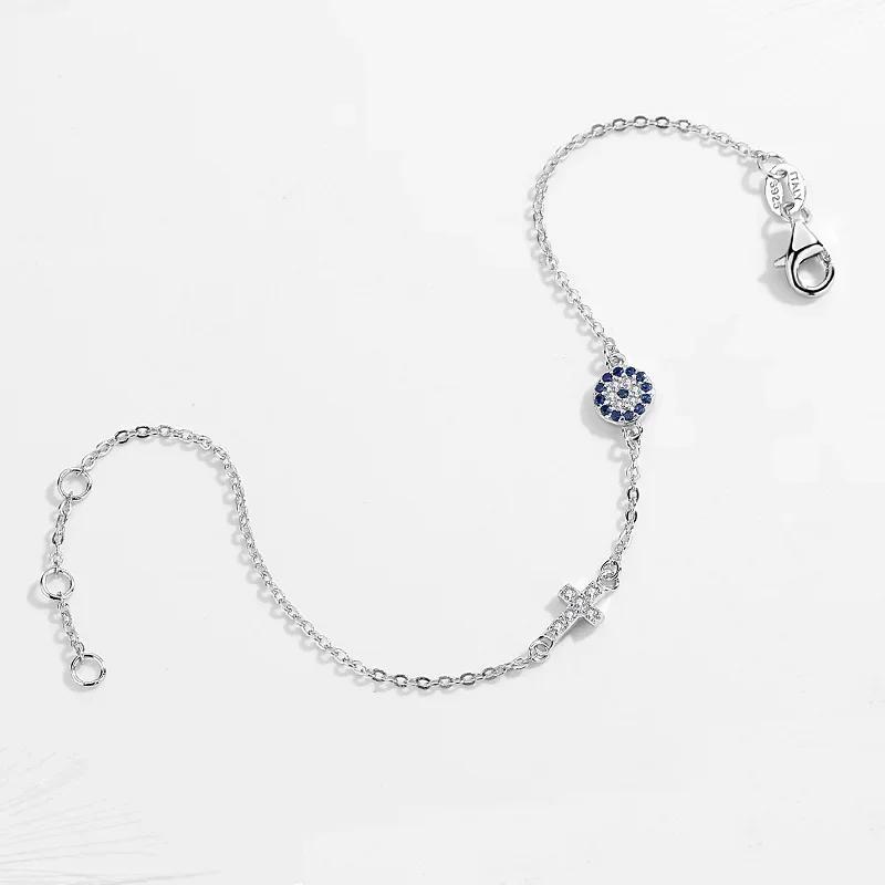 TONGZHE 925 Silver Hamsa Lucky Evil Eye Cross Bracelet Wonder Women Small Blue Cystal Stones Fine Wedding Jewelry