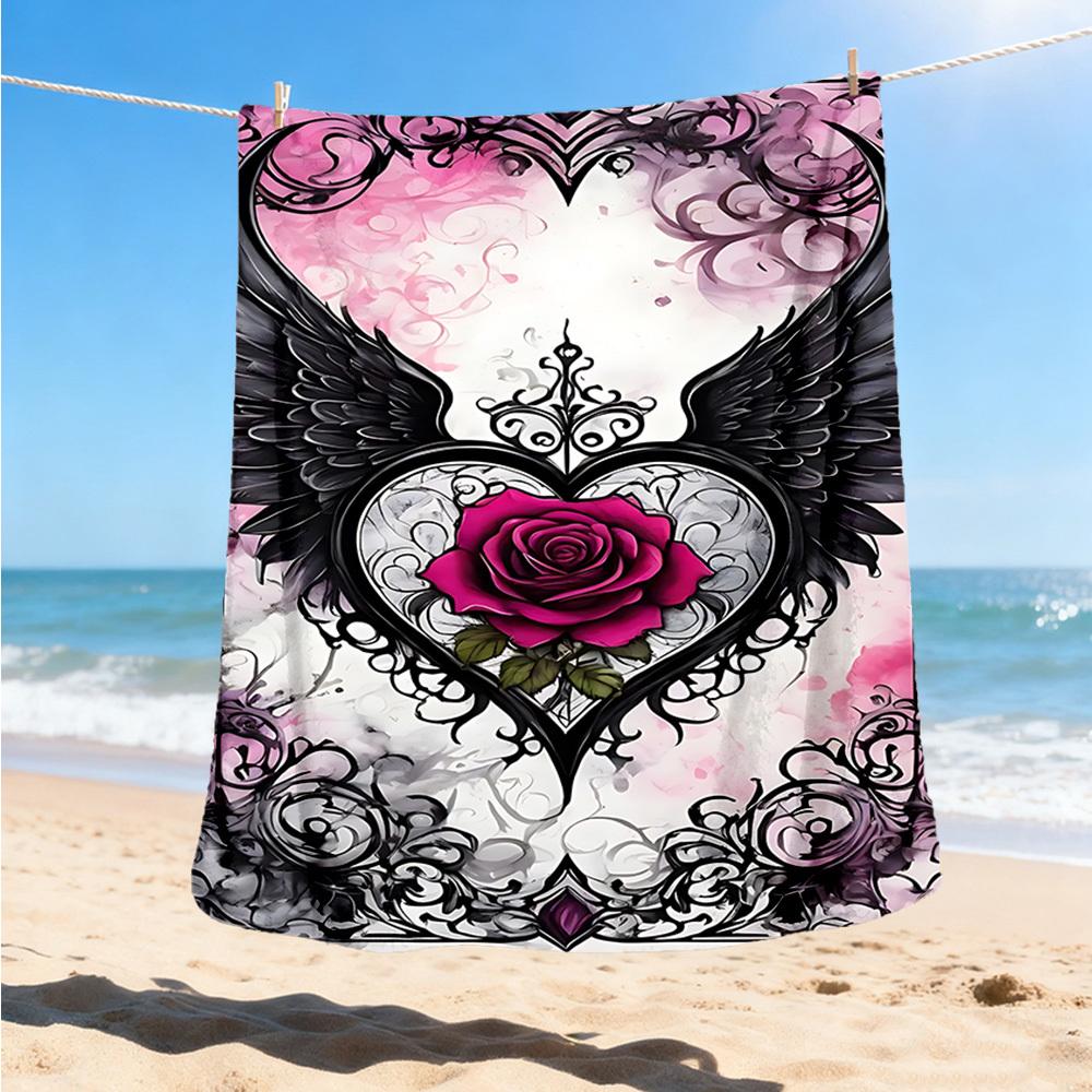 1pc Heart Wings Rose Outdoor Flannel Blanket Soft All Season Polyester Throw , Perfect for Picnics & Travel , Picnic Accessory
