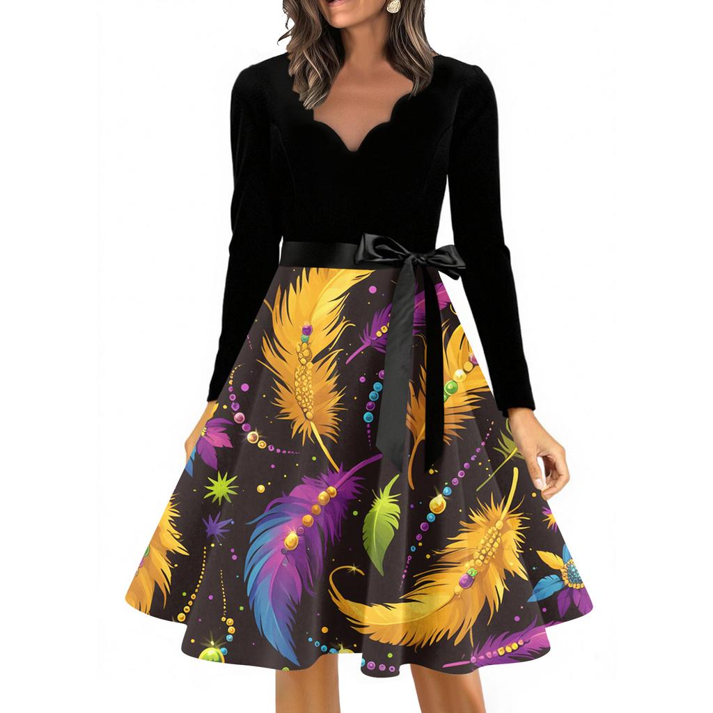 Women's Casual Fashion V Neck Long Sleeve Printed Vintage Long Dress