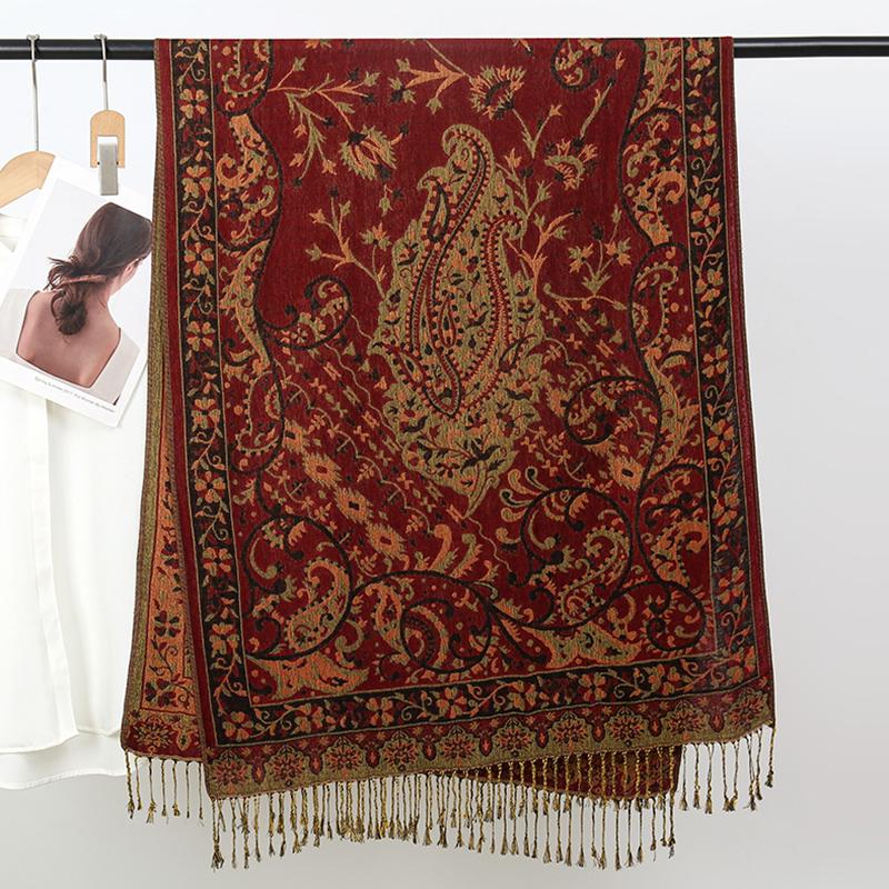 Bohemia Ethnic Style Outdoor Women Retro Jacquard Scarf Thick Cashmere Tassel Shawl Winter Warm Muslim Hijab Wrap Pashmina