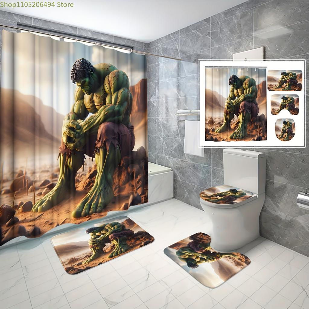 Hulk Power Bathroom Set 4PCS! Angry Green Face Full Print Waterproof Shower Curtain with Mat, Marvel Avengers Decor Gifts