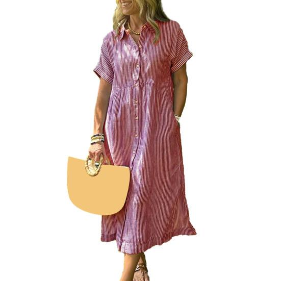 Striped Lapel Button Down Shirt Dress with Pockets Summer Casual Short Sleeve A-line Long