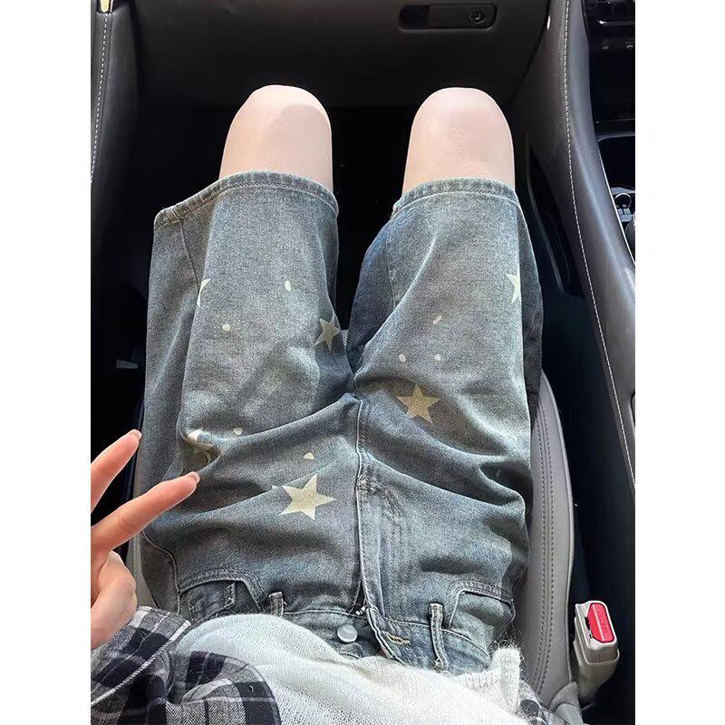 

Plus Size Retro Blue High Waist Denim Shorts for Women - Summer Loose, Slimming, Straight Five-Point Mid-Length Wide Leg Design. M синий