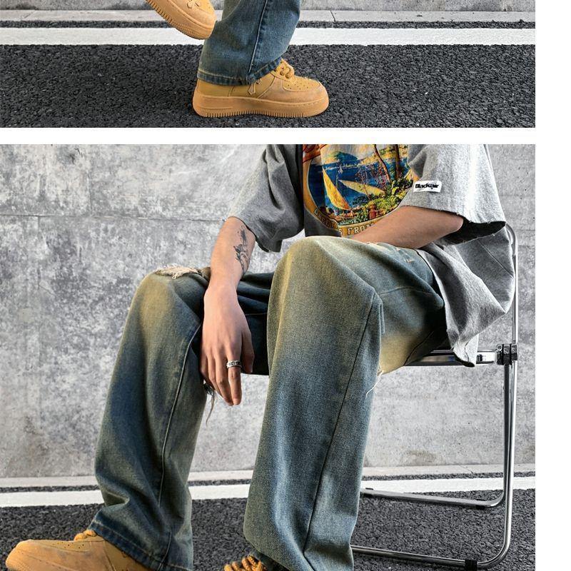 Men's Jeans Summer American Retro High Street Vibe Hole Pants Loose Design Sense Niche Wide-leg Pants