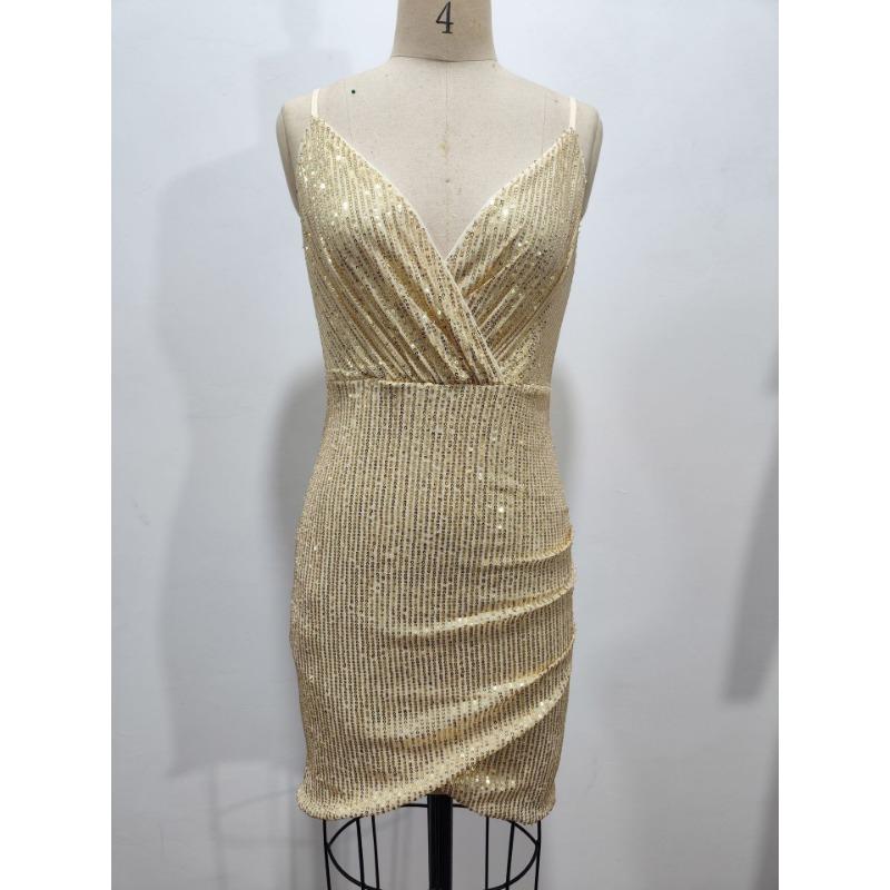 Women Sexy Sequined Deep V Neck Sleeveless Wrap Bodycon Mini Party Dress