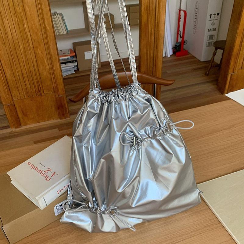 Korean Ins Niche Design Drawstring Pleated Silver Backpack for Women Commuting Versatile Casual Small Backpack