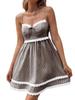Vestido de Verano Mini a Cuadros para Mujer con Escote Corazón, Tirantes Finos y Ribete de Encaje