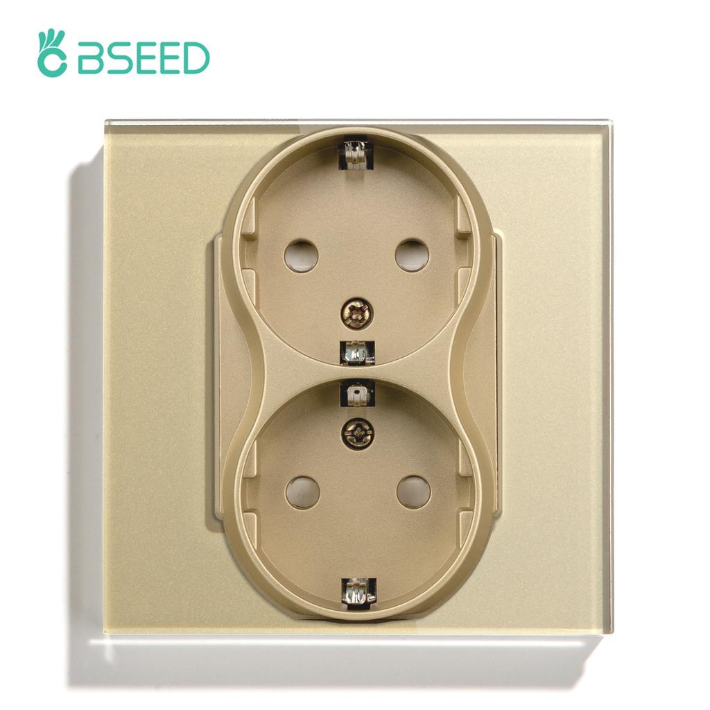 BSEED 1/2/3Gang Touch Light Switches 1Way With Dual Wall Sockets EU Standard Blue Backlight Glass Panel Gold