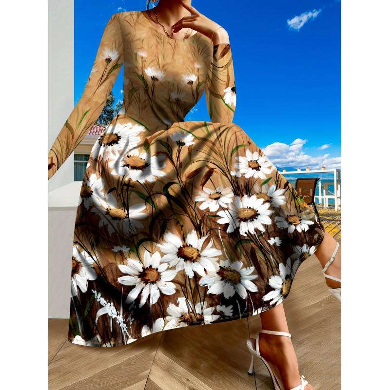 Womens Purple Floral Print Long Sleeve Maxi Dress - Elegant Party In Milk Silk Fabric