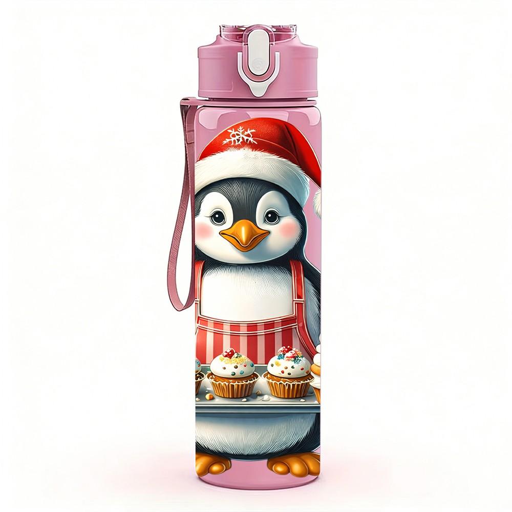 1PC Xmas Penguin Santa Hat Cartoon 750ml Color Plastic Sports Water Bottle Leakproof Flip Straw Lid Suitable for Sports Office Home Use