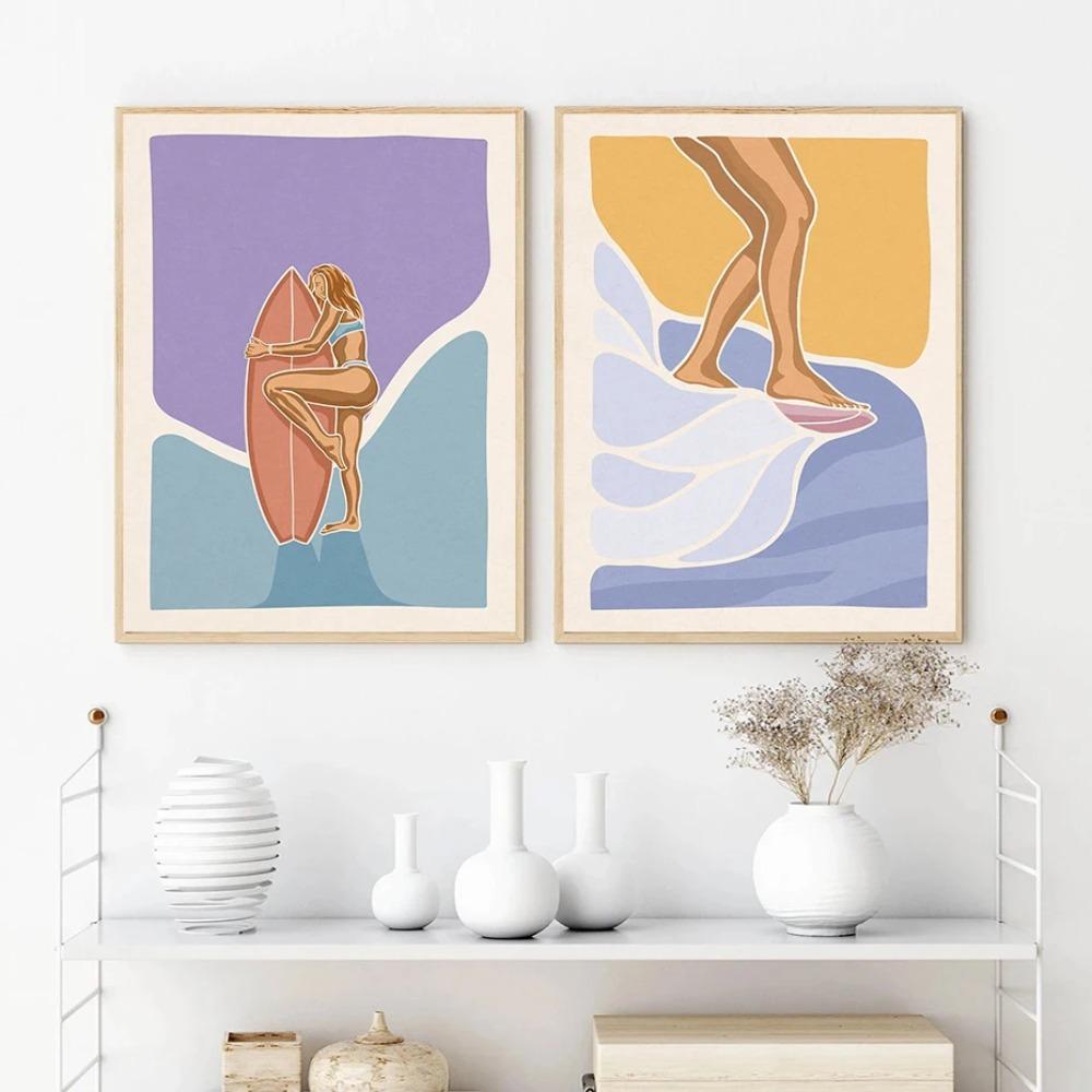 Minimalistische Surf-Mädchen Poster Meeresblick Strandhaus Drucke Leinwandbild Wandkunst Bilder Haus Sportliches Teenie-Mädchenzimmer Dekoration