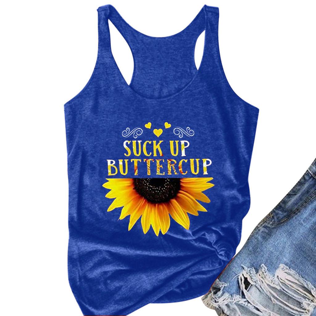 Women Plus Size Summer Sunflower Print Round Neck Sleeveless T-shirt Top Tank