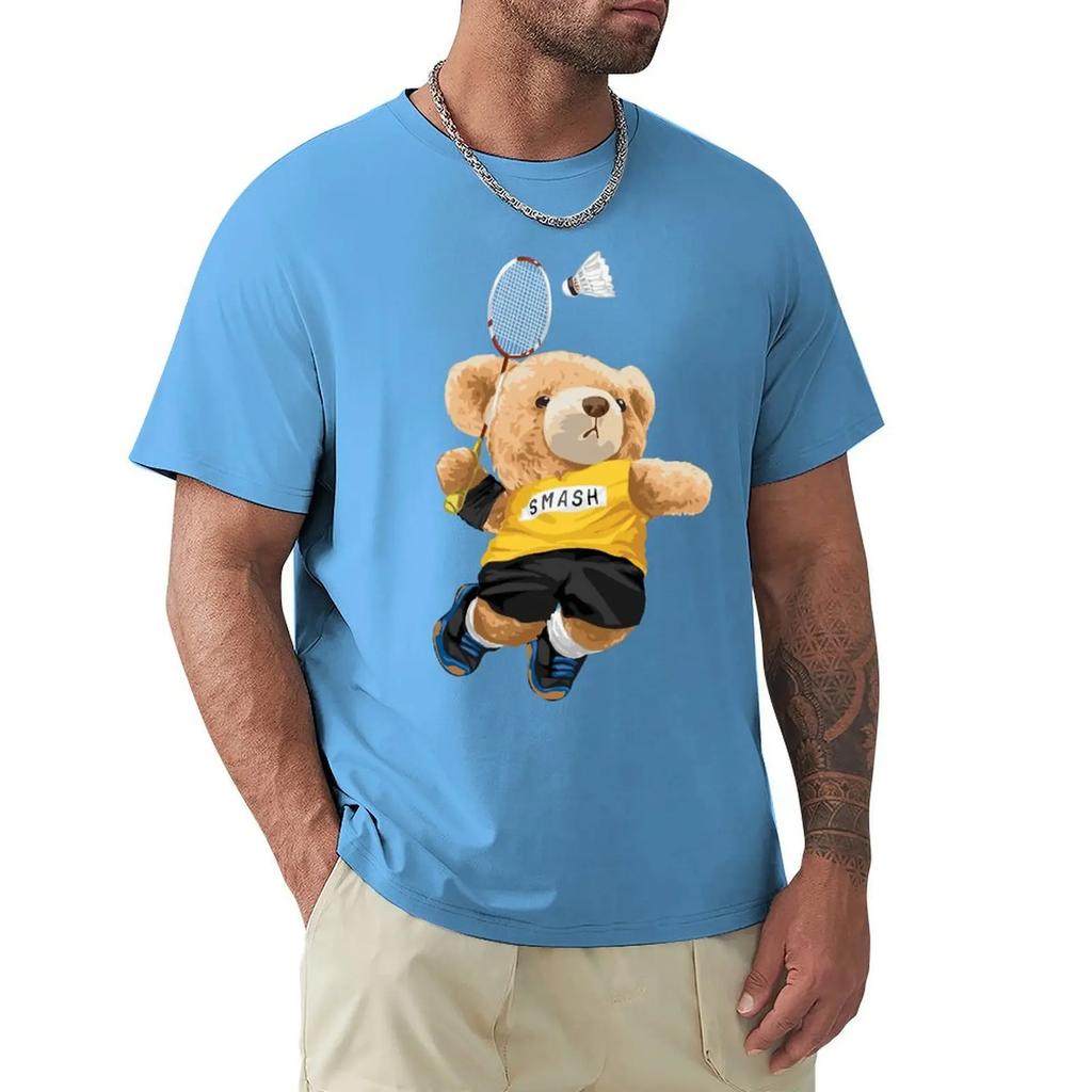 Teddy Bear Playing Badminton T Shirt Harajuku Short Sleeve T-shirt 100% Cotton Graphics Tshirt Tops