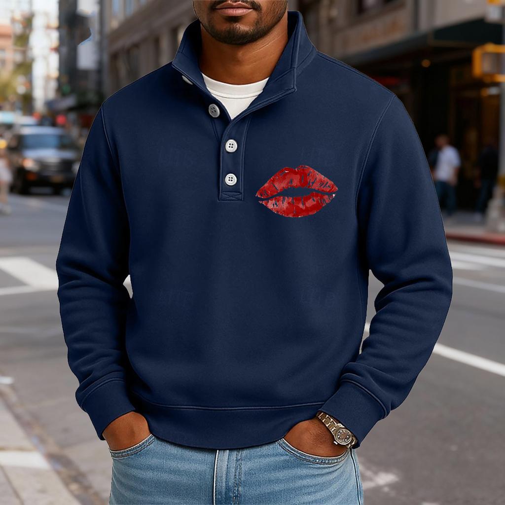 Men's Casual Stand-Up Collar Long-Sleeve Top Print Button-Down Sweatshirt