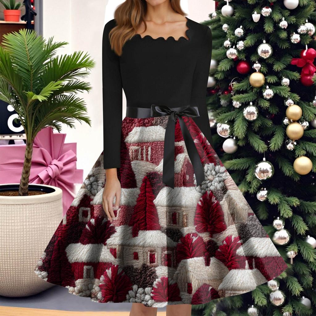 Women's Fashion Round Neck Casual Slim Christmas Printed Long Sleeve Dresses