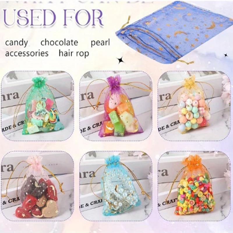 50PCS Moon Stars Drawstring Organza Bags Jewelry Gift Bags Pouches Gold Star Organza Favor Pouches for Christmas Wedding