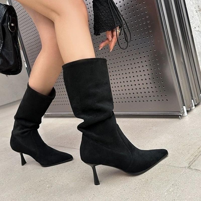 Mid Tube Pointed Toe Pleated Stiletto Heel Pile Boots Lazy Wind Autumn Loose Suede Sleeve High Heel Boots