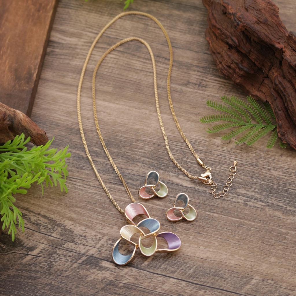 New enamel color hollow geometric flower stud earrings long pendant set, women's exaggerated autumn and winter sweater chain