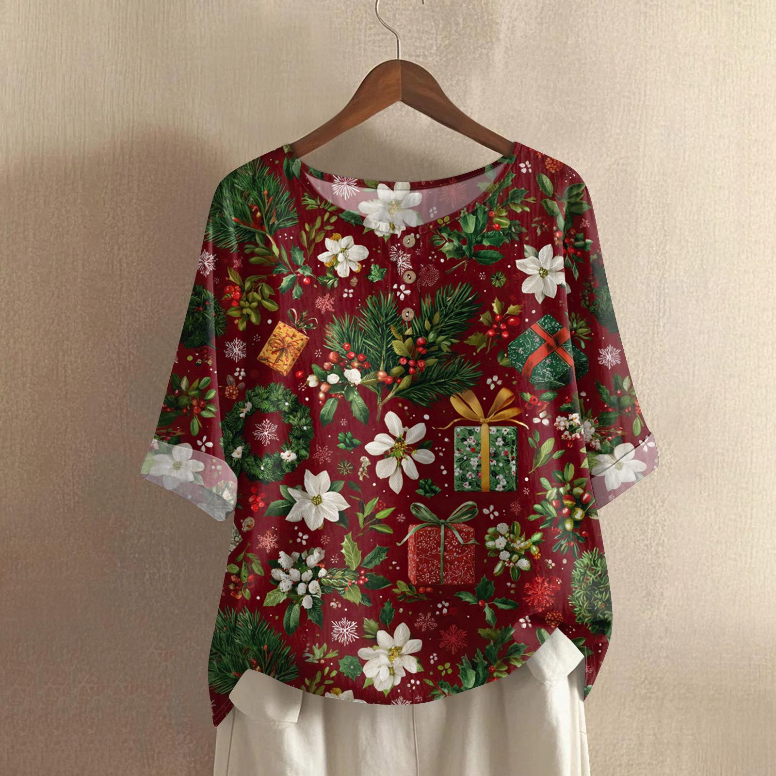 

Женская модная и повседневная рубашка с полурукавом, круглым вырезом, принтом, из хлопка и льна, блузка-топ L винный