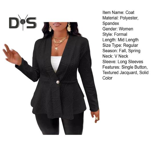 Fall Winter Lady Suit Coat Single Button Textured Jaquard Solid Color Mid Length Deep V Neck Long Sleeves Formal Business Style Lady Commuting Jacket