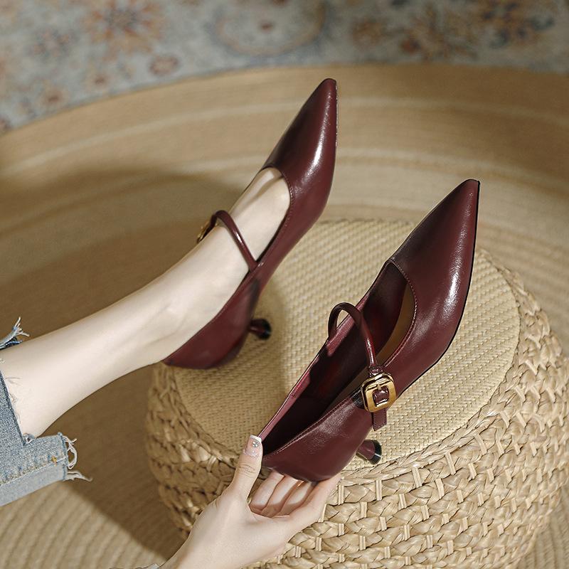 Pointed single shoes medium heel one-word strap high heels stiletto soft leather Mary Jane shoes