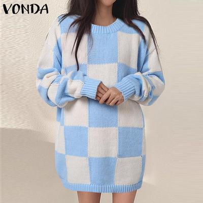 Autumn Women Round Neck Long Sleeve Plaid Pullover Long Sweaters