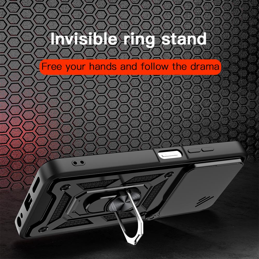 KEYSION Shockproof Armor Case for Itel A90 4G Silicone+PC Slide Camera Lens Protection Ring Stand Phone Back Cover for Itel A90