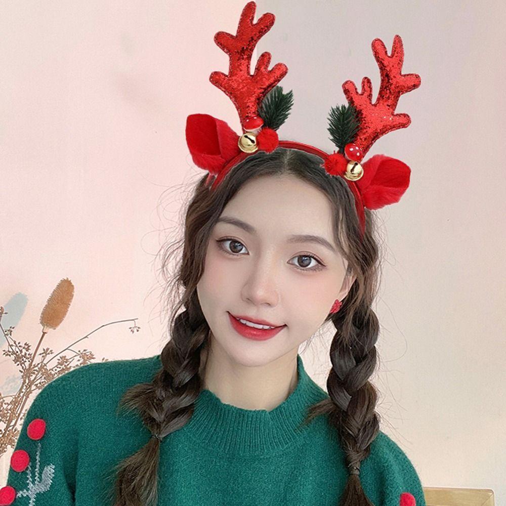 Sequins Plush Mushroom Bell Korean Style Hairbands Women Hair Hoops Elk Antler Christmas Headbands