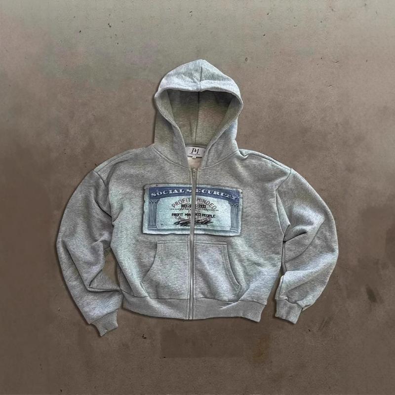Evropský a americký podzimní a zimní retro trend módní ležérní volná tištěná mikina s kapucí na zip