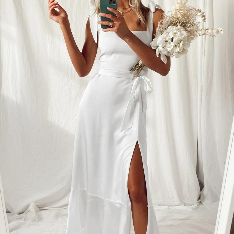 

Летний женский пуловер-вешалка с открытыми плечами, одна линия шеи, зашнуровать галстук-бабочку, сплошной цвет, модные повседневные сексуальные платья XL белый