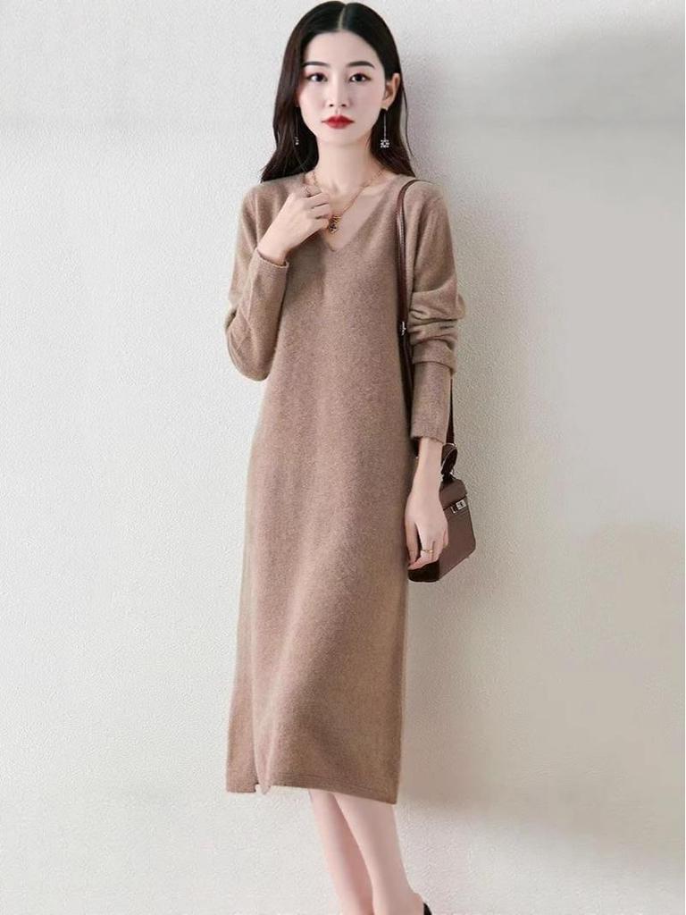 2025 Herbst/Winter Damen Woll V-Ausschnitt Knielanges Pulloverkleid mit Schlitz