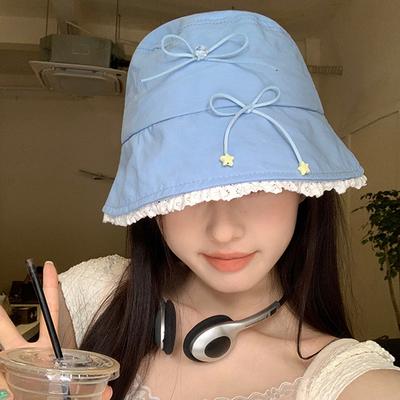 Sweet Lace Bow Bucket Hat for Women Girls Cotton Bowknot Star Fisherman Cap Korean Y2K Basin Hat Outdoor Travel Holiday Sun Hats