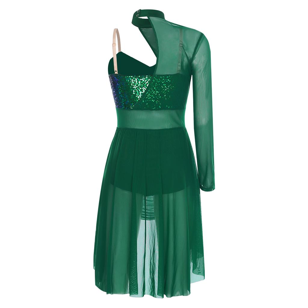 Damen Lyrischer Tanz Trikot Rollkragen Verstellbare Spaghettiträger Ein Schulter Glitzernde Pailletten Kleid