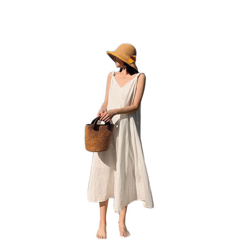 Dress Women's Summer New Loose and Thin Beach Dress Super Fairy Seaside Vacation White Suspender Dress Women