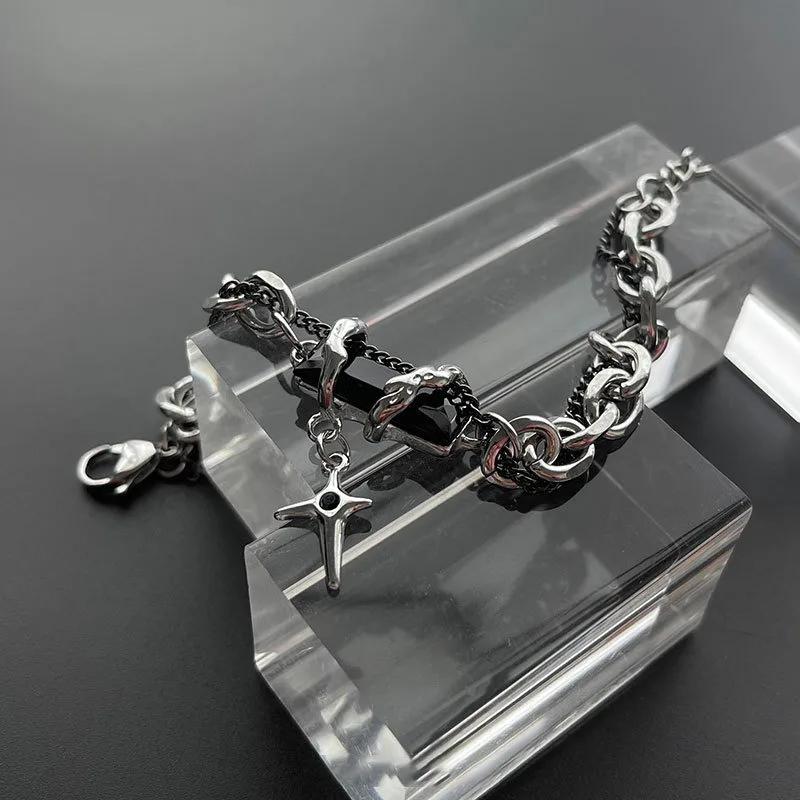 Retro Black Zircon Star Bracelet For Men Women Gifts Trend Titanium Steel Chain New Unisex Goth Jewelry Couple Accessories
