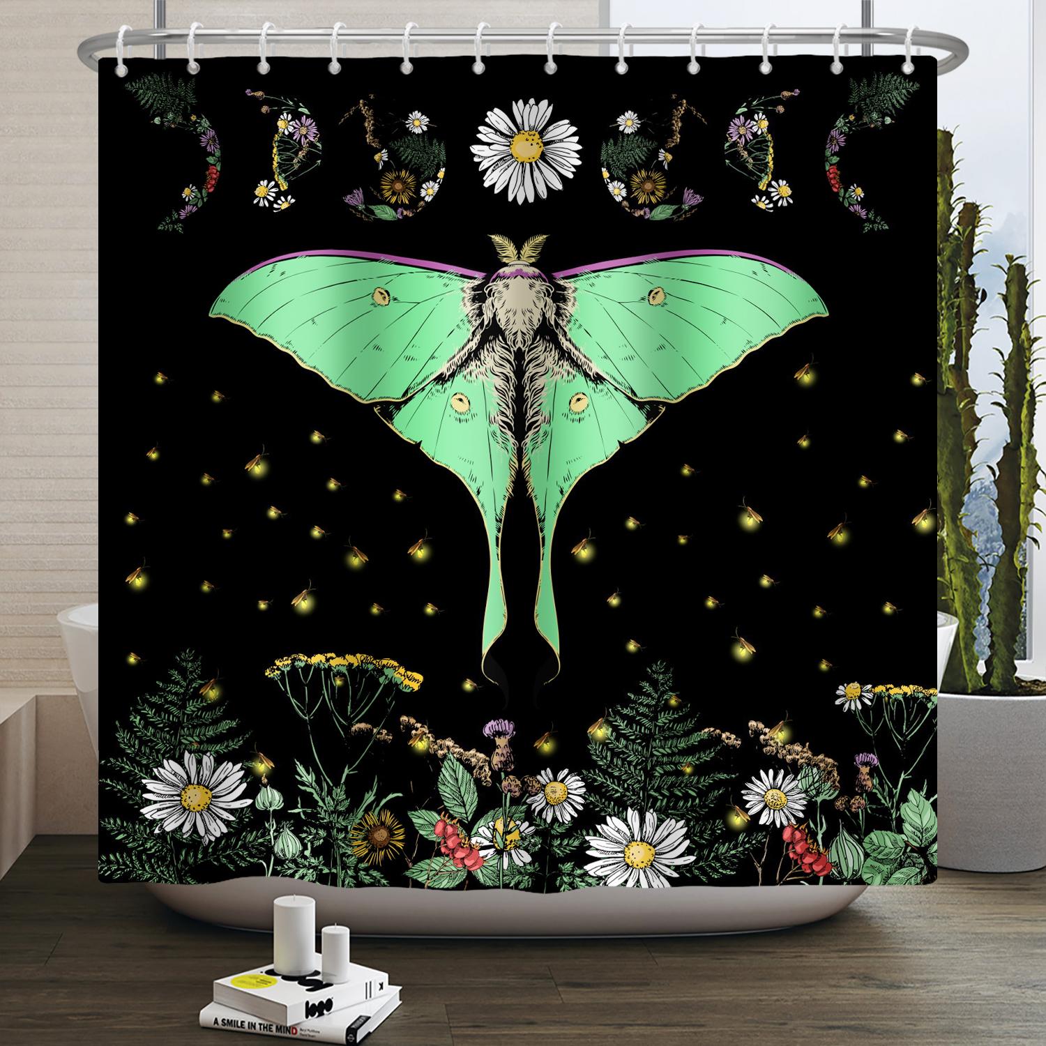 

Butterfly Moth Moon Phase Shower Curtain Mushroom Floral Sun Star Plant Flower Goth Witchy Waterproof Bathroom Curtain Home Deco W120xH180cm