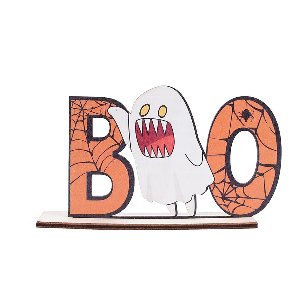 Wooden Halloween Pumpkin Decoration with Haunted House and Ghost Design Tabletop Ornament for Seasonal Home Display and Holiday Decor