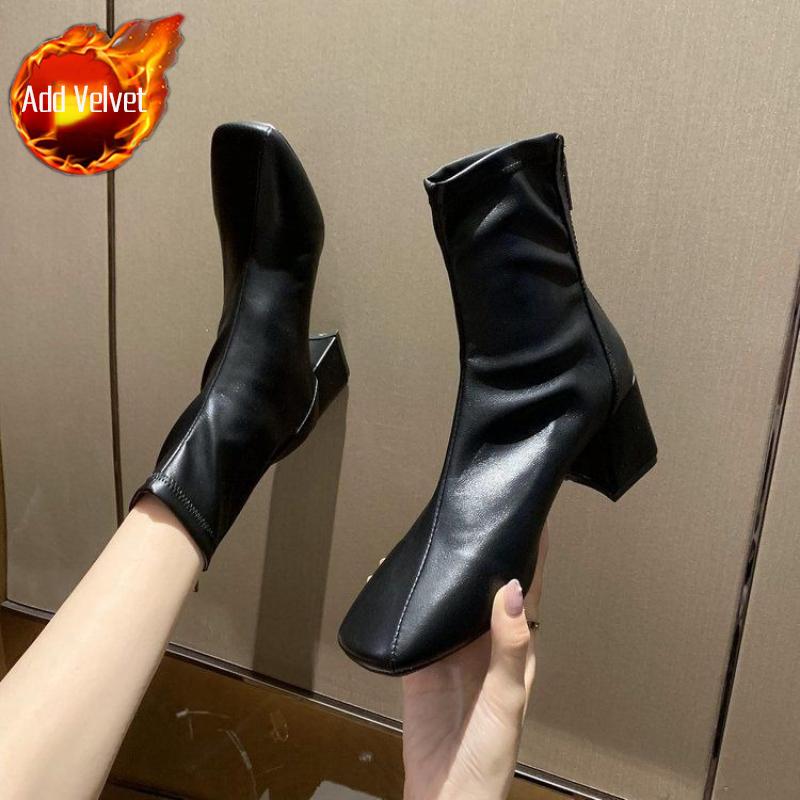 Fashion Autumn Winter Leather Waterproof Booties Square Toe Heeled Warm Woman Short Shoes New In Fashion 2025 Sale Ankle Boots for Women