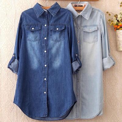 Women Shirt Coat Lapel Long Sleeve Loose Fit Basic Mid-length Denim Shirt Outwear Commuting Style with Pockets