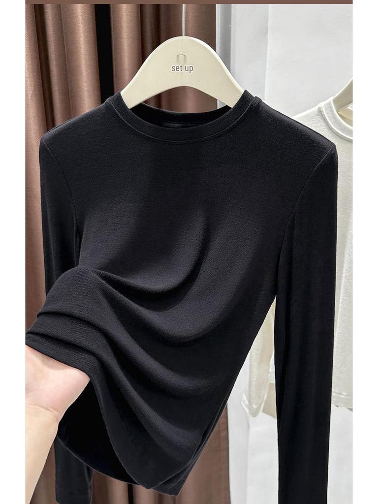 Coffee-Colored Slim-Fit Women's Base Layer Shirt - Soft Round Neck, Versatile Thin T-Shirt for Autumn/Winter.