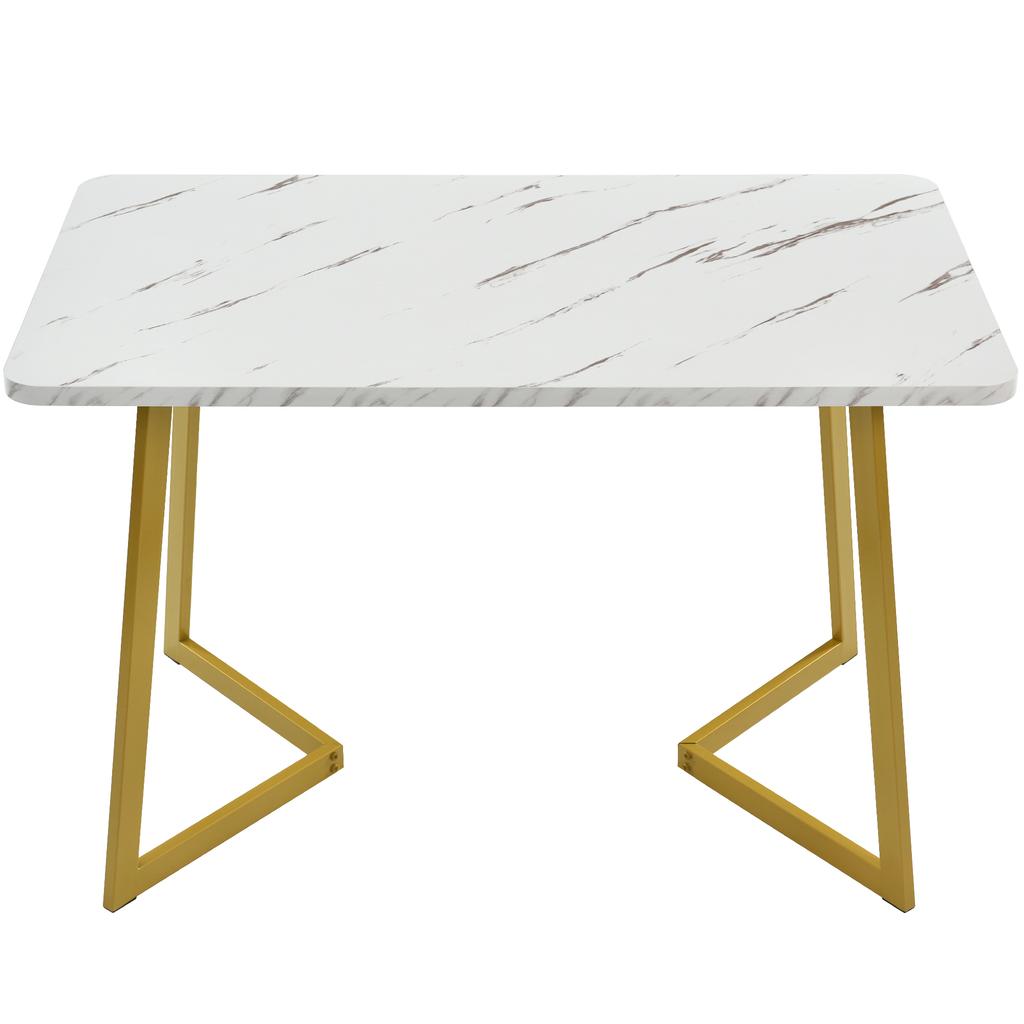 117x68cm Dining Table, Metal Frame, Rectangular Modern Marble Pattern Kitchen Table with Metal Legs for Dining Room Living Room, White, Golden/White
